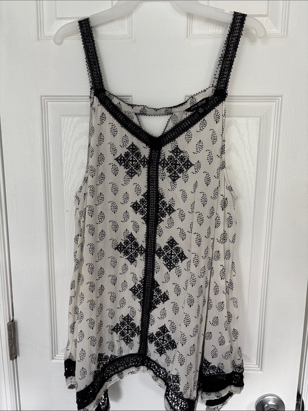 Lucky Brand Cream Tank with Black Lace Trim and Embroidered Motifs